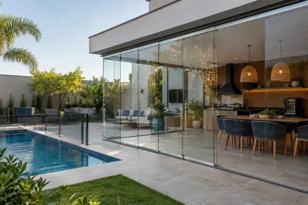 Inspiração de sacada de vidro para área de lazer com piscina