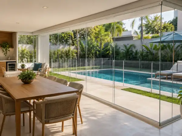 Sacada de vidro para área de lazer com piscina — inspiração 1 com perfis brancos