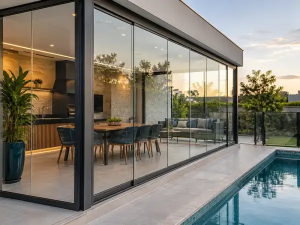 Sacada de vidro para área de lazer com piscina — inspiração 2 com perfis escuros