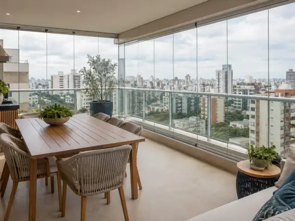 Sacada de vidro para proteger do sol e calor — inspiração 3 com perfis naturais