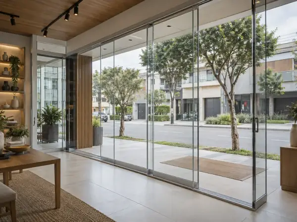 Sacada de vidro para comércio e loja — inspiração 3 com perfis naturais