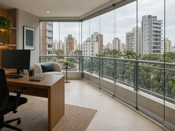 Sacada de vidro para escritório — inspiração 3 com perfis naturais