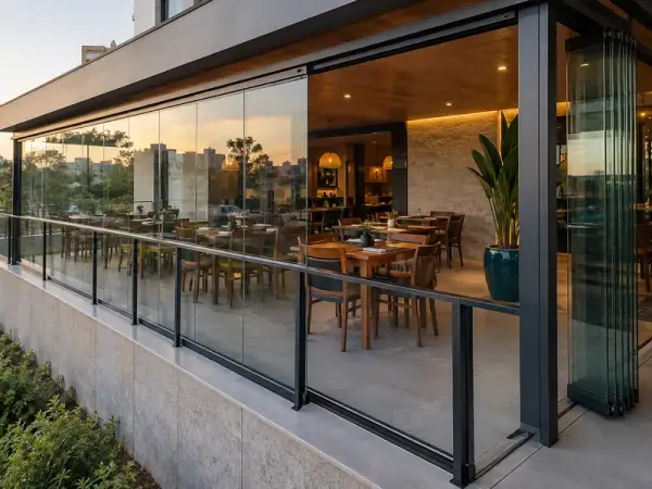 Sacada de vidro para restaurante — inspiração 2 com perfis escuros